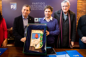 Buenos Aires, Argentina.- The candidate for Governor of the province of Buenos Aires, Axel Kicillof, of the Frente de Todos participated today on September 11, 2019 of the meeting of the National Council of the Justicialist Party (PJ Peronist) of the province of Buenos Aires . In the photo Axel Kicillof (center) next to the mayor of Esteban Echeverría Fernado Gray (left) and the President of the Justicialist Party José Luis Gioja (right)