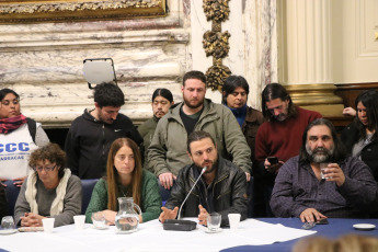 Buenos Aires.- In the images taken today September 4 in the afternoon in the premises of the Congress of the Argentine Nation, opposition legislators met with representatives of social organizations, who demonstrated today September 4, 2019 in claim of the sanction of the emergency food law. The union leaders and members of the Social Pastoral of the Catholic Church also participated in the meeting. In the image, with the microphone, the leader of the Confederation of Workers of the Popular Economy (CTEP) Juan Grabois, on his right the unionist Roberto Baradel, Secretary General of the Unified Union of Education Workers of Buenos Aires and the Central of Workers of Argentina in the province of Buenos Aires.