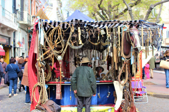 Buenos Aires, Argentina.- In the images taken on Sunday, September 8, 2019, every Sunday the San Telmo neighborhood, south of Buenos Aires, receives thousands of visitors that flood its streets to live a different experience in the City of Buenos Aires. That day the traditional San Pedro Telmo Fair is held in the Plaza Dorrego, the heart of the neighborhood. More than 250 street stalls exhibit various old objects ranging from furniture, paintings, light fixtures, vases, collectible toys, books and magazines, posters, dresses and shoes, watches, ornaments of all kinds, statues, coins, old photos, Silverware, jewelry up to multicolored siphons.