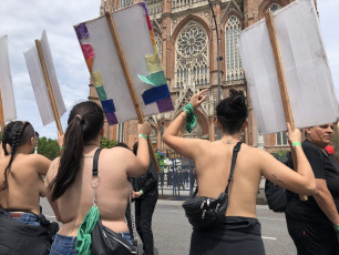 La Plata, Argentina.- Today, October 13, 2019, there was also a “tetazo” in front of the La Plata Cathedral due to the separation of the Church from the State. On the second day of the 34th National Meeting of Women, hundreds of women demonstrated in front of the emblematic building, which is fenced and guarded by a hundred women police