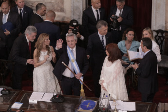 BUENOS AIRES, ARGENTINA.- In the photo from left to right, Senator Claudia Alejandra Ledesma Abdala, new Argentine President Alberto Fernández, outgoing President Mauricio Macri, Vice President Cristina Fernández de Kirchner, and Deputy Sergio Massa, during the inauguration speech of the new president from Argentina.In the photo taken on December 10, 2019, Alberto Fernández assumed today, December 10, the Presidency of Argentina by swearing in Congress with Vice President Cristina Fernández de Kirchner and receiving the command attributes from the hands of his predecessor, Mauricio Macri. After the assumption, Fernández delivered - before the Legislative Assembly - a speech of conciliatory tone, but in which he drew a hard diagnosis of the situation that the country is going through and proposed a clear change of course.