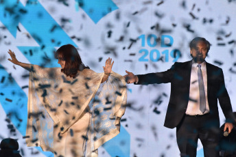 BUENOS AIRES, ARGENTINA.- In the photo taken on December 10, 2019, Alberto Fernández with the Vice President, Cristina Fernández de Kirchner, in Plaza de Mayo. In what was the closing of the day in which he assumed the presidency, Alberto Fernández gave his first speech before the Plaza de Mayo, from a stage installed in front of the Casa Rosada before tens of thousands of people celebrated his assumption within the framework of A music and art festival.