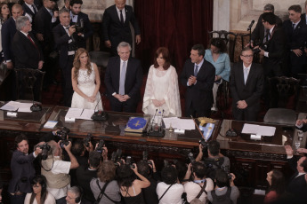 BUENOS AIRES, ARGENTINA.- In the photo from left to right, Senator Claudia Alejandra Ledesma Abdala, the new Argentine President Alberto Fernández, Vice President Cristina Fernández de Kirchner, and Deputy Sergio Massa, during the inauguration speech of the new president of Argentina.In the photo taken on December 10, 2019, Alberto Fernández assumed today, December 10, the Presidency of Argentina by swearing in Congress with Vice President Cristina Fernández de Kirchner and receiving the command attributes from the hands of his predecessor, Mauricio Macri. After the assumption, Fernández delivered - before the Legislative Assembly - a speech of conciliatory tone, but in which he drew a hard diagnosis of the situation that the country is going through and proposed a clear change of course.