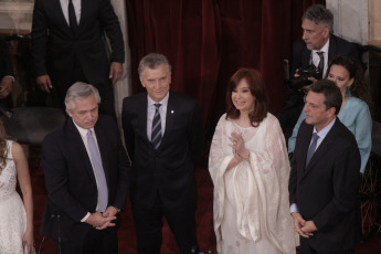 BUENOS AIRES, ARGENTINA.- In the photo from left to right, the new Argentine president Alberto Fernández, the outgoing President Mauricio Macri, the Vice President Cristina Fernández de Kirchner, and the deputy Sergio Massa, during the inauguration speech of the new president of Argentina.In the photo taken on December 10, 2019, Alberto Fernández assumed today, December 10, the Presidency of Argentina by swearing in Congress with Vice President Cristina Fernández de Kirchner and receiving the command attributes from the hands of his predecessor, Mauricio Macri. After the assumption, Fernández delivered - before the Legislative Assembly - a speech of conciliatory tone, but in which he drew a hard diagnosis of the situation that the country is going through and proposed a clear change of course.