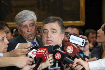 BUENOS AIRES, ARGENTINA- In the photo taken on December 4, 2019, the radical deputy Mario Negri who was re-elected as president of the Together for Change in the Chamber of Deputies speaks with the press. The Chamber of Deputies of Argentina formalized its new conformation with the oath of the 130 new deputies who will debut from December 10 with the discussion of the first Budget of the elected president, Alberto Fernández. Just after 1 pm and conducted by Deputy Gonzalo Del Cerro, the preparatory session began in which the legislators who were elected last October took an oath and will also vote for the new lower house authorities.