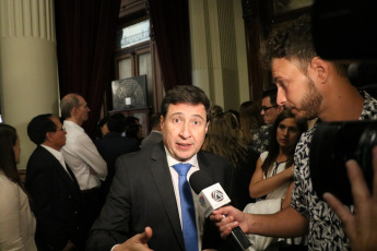 BUENOS AIRES, ARGENTINA- In the photo taken today December 4, 2019 Daniel Arroyo, mentioned as the next Minister of Social Development of the Nation speaks with the press. The Chamber of Deputies of Argentina formalized its new conformation with the oath of the 130 new deputies who will debut from December 10 with the discussion of the first Budget of the elected president, Alberto Fernández. Just after 1 pm and conducted by Deputy Gonzalo Del Cerro, the preparatory session began in which the legislators who were elected last October took an oath and will also vote for the new lower house authorities.