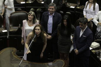 BUENOS AIRES, ARGENTINA- In the photos taken today December 4, 2019, Máximo Kirchner (center), Luana Volnovich (on his right) and Rodolfo Tailhade (right). The Chamber of Deputies formalized its new conformation with the oath of the 130 new deputies who will debut from December 10 with the discussion of the first Budget of the elected president, Alberto Fernández. Just after 1 pm and conducted by Deputy Gonzalo Del Cerro, the preparatory session began in which the legislators who were elected last October took an oath and will also vote for the new lower house authorities.