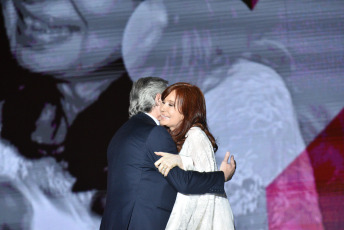 BUENOS AIRES, ARGENTINA.- In the photo taken on December 10, 2019, Alberto Fernández with the Vice President, Cristina Fernández de Kirchner, in Plaza de Mayo. In what was the closing of the day in which he assumed the presidency, Alberto Fernández gave his first speech before the Plaza de Mayo, from a stage installed in front of the Casa Rosada before tens of thousands of people celebrated his assumption within the framework of A music and art festival.