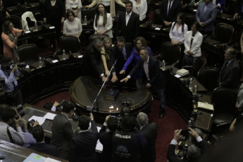 BUENOS AIRES, ARGENTINA- In the photos taken today December 4, 2019, (from left to right) Carlos Castagneto, Cristina Álvarez Rodríguez, Sergio Massa, Graciela Camaño and Andrés "Cuervo" Larroque. The Chamber of Deputies formalized its new conformation with the oath of the 130 new deputies who will debut from December 10 with the discussion of the first Budget of the elected president, Alberto Fernández. Just after 1 pm and conducted by Deputy Gonzalo Del Cerro, the preparatory session began in which the legislators who were elected last October took an oath and will also vote for the new lower house authorities.