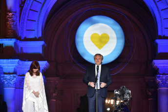 BUENOS AIRES, ARGENTINA.- In the photo taken on December 10, 2019, Alberto Fernández with the Vice President, Cristina Fernández de Kirchner, in Plaza de Mayo. In what was the closing of the day in which he assumed the presidency, Alberto Fernández gave his first speech before the Plaza de Mayo, from a stage installed in front of the Casa Rosada before tens of thousands of people celebrated his assumption within the framework of A music and art festival.