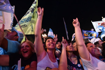 BUENOS AIRES, ARGENTINA.- In the photo taken on December 10, 2019, in what was the closing of the day in which he assumed the presidency, Alberto Fernández with Vice President Cristina Fernñandez de Kirchner, gave his first speech to the Plaza de Mayo from a stage installed in front of the Casa Rosada before tens of thousands of people celebrated their assumption within the framework of a music and art festival.  