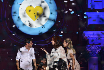 BUENOS AIRES, ARGENTINA.- In the photo taken on December 10, 2019, the Vice President, Cristina Fernández de Kirchner (center) with the new Governor of the Province of Buenos Aires, Axel Kicillof (left) and the girlfriend of the new President, Fabiola Yañez (right) after her speech in Plaza de Mayo. In what was the closing of the day in which he assumed the presidency, Alberto Fernández gave his first speech before the Plaza de Mayo, from a stage installed in front of the Casa Rosada before tens of thousands of people celebrated his assumption within the framework of A music and art festival.