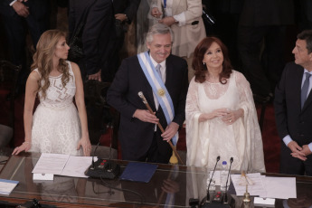 BUENOS AIRES, ARGENTINA.-In the photo from left to right, Senator Claudia Alejandra Ledesma Abdala, the new Argentine President Alberto Fernández, Vice President Cristina Fernández de Kirchner, and Deputy Sergio Massa, during the inauguration speech of the new president of Argentina. In the photo taken on December 10, 2019, Alberto Fernández assumed today, December 10, the Presidency of Argentina by swearing in Congress with Vice President Cristina Fernández de Kirchner and receiving the command attributes from the hands of his predecessor, Mauricio Macri. After the assumption, Fernández delivered - before the Legislative Assembly - a speech of conciliatory tone, but in which he drew a hard diagnosis of the situation that the country is going through and proposed a clear change of course.