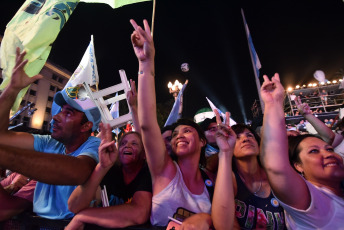 BUENOS AIRES, ARGENTINA.- In the photo taken on December 10, 2019, in what was the closing of the day in which he assumed the presidency, Alberto Fernández with Vice President Cristina Fernñandez de Kirchner, gave his first speech to the Plaza de Mayo from a stage installed in front of the Casa Rosada before tens of thousands of people celebrated their assumption within the framework of a music and art festival.  