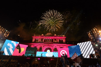 BUENOS AIRES, ARGENTINA.- In the photo taken on December 10, 2019, in what was the closing of the day in which he assumed the presidency, Alberto Fernández with Vice President Cristina Fernñandez de Kirchner, gave his first speech to the Plaza de Mayo from a stage installed in front of the Casa Rosada before tens of thousands of people celebrated their assumption within the framework of a music and art festival.  