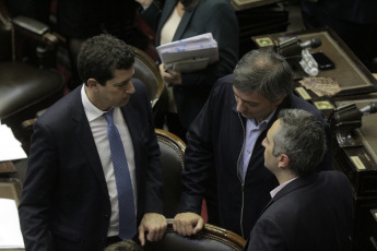 BUENOS AIRES, ARGENTINA- In the photos taken today December 4, 2019, the deputies Wado de Pedro (left), Máximo Kirchner (center) and Andrés Larroque (right). The Chamber of Deputies formalized its new conformation with the oath of the 130 new deputies who will debut from December 10 with the discussion of the first Budget of the elected president, Alberto Fernández. Just after 1 pm and conducted by Deputy Gonzalo Del Cerro, the preparatory session began in which the legislators who were elected last October took an oath and will also vote for the new lower house authorities.