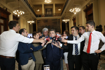 BUENOS AIRES, ARGENTINA- In the photo taken on December 4, 2019, the radical deputy Mario Negri who was re-elected as president of the Together for Change in the Chamber of Deputies speaks with the press. The Chamber of Deputies of Argentina formalized its new conformation with the oath of the 130 new deputies who will debut from December 10 with the discussion of the first Budget of the elected president, Alberto Fernández. Just after 1 pm and conducted by Deputy Gonzalo Del Cerro, the preparatory session began in which the legislators who were elected last October took an oath and will also vote for the new lower house authorities.