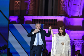 BUENOS AIRES, ARGENTINA.- In the photo taken on December 10, 2019, Alberto Fernández with the Vice President, Cristina Fernández de Kirchner, in Plaza de Mayo. In what was the closing of the day in which he assumed the presidency, Alberto Fernández gave his first speech before the Plaza de Mayo, from a stage installed in front of the Casa Rosada before tens of thousands of people celebrated his assumption within the framework of A music and art festival.