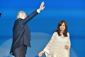 BUENOS AIRES, ARGENTINA.- In the photo taken on December 10, 2019, Alberto Fernández with the Vice President, Cristina Fernández de Kirchner, in Plaza de Mayo. In what was the closing of the day in which he assumed the presidency, Alberto Fernández gave his first speech before the Plaza de Mayo, from a stage installed in front of the Casa Rosada before tens of thousands of people celebrated his assumption within the framework of A music and art festival.