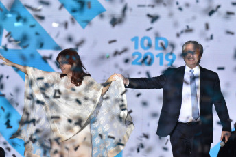 BUENOS AIRES, ARGENTINA.- In the photo taken on December 10, 2019, Alberto Fernández with the Vice President, Cristina Fernández de Kirchner, in Plaza de Mayo. In what was the closing of the day in which he assumed the presidency, Alberto Fernández gave his first speech before the Plaza de Mayo, from a stage installed in front of the Casa Rosada before tens of thousands of people celebrated his assumption within the framework of A music and art festival.