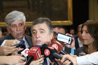 BUENOS AIRES, ARGENTINA- In the photo taken on December 4, 2019, the radical deputy Mario Negri who was re-elected as president of the Together for Change in the Chamber of Deputies speaks with the press. The Chamber of Deputies of Argentina formalized its new conformation with the oath of the 130 new deputies who will debut from December 10 with the discussion of the first Budget of the elected president, Alberto Fernández. Just after 1 pm and conducted by Deputy Gonzalo Del Cerro, the preparatory session began in which the legislators who were elected last October took an oath and will also vote for the new lower house authorities.