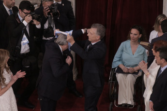 BUENOS AIRES, ARGENTINA.-In the photo the moment when the outgoing president Mauricio Macri (right) gives the baton and the presidential band to the new president of Argentina Alberto Fernández. In the photo taken on December 10, 2019, Alberto Fernández assumed today, December 10, the Presidency of Argentina by swearing in Congress with Vice President Cristina Fernández de Kirchner and receiving the command attributes from the hands of his predecessor, Mauricio Macri. After the assumption, Fernández delivered - before the Legislative Assembly - a speech of conciliatory tone, but in which he drew a hard diagnosis of the situation that the country is going through and proposed a clear change of course.