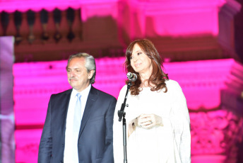 BUENOS AIRES, ARGENTINA.- In the photo taken on December 10, 2019, Alberto Fernández with the Vice President, Cristina Fernández de Kirchner, in Plaza de Mayo. In what was the closing of the day in which he assumed the presidency, Alberto Fernández gave his first speech before the Plaza de Mayo, from a stage installed in front of the Casa Rosada before tens of thousands of people celebrated his assumption within the framework of A music and art festival.