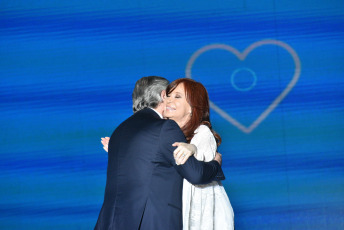 BUENOS AIRES, ARGENTINA.- In the photo taken on December 10, 2019, Alberto Fernández with the Vice President, Cristina Fernández de Kirchner, in Plaza de Mayo. In what was the closing of the day in which he assumed the presidency, Alberto Fernández gave his first speech before the Plaza de Mayo, from a stage installed in front of the Casa Rosada before tens of thousands of people celebrated his assumption within the framework of A music and art festival.