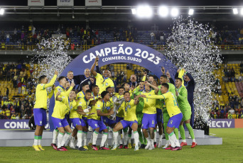 Bogotá, Colombia.- In the photos taken on February 12, 2023, the Brazilian team defeated Uruguay 2-0 at the El Campín stadium and won the South American youth title. Brazil finished the hexagonal with 13 points, followed by Uruguay with 12, Colombia with 10, Ecuador with 4, Venezuela with 2 and Paraguay with one.