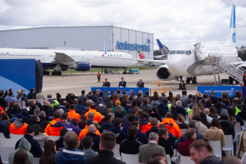 Buenos Aires, Argentina.- In the photos taken on April 19, 2023, the company Aerolíneas Argentinas presented its first cargo plane for the Aerolíneas Argentinas Cargo segment at the Ezeiza International Airport. It is the first time in 16 years that the flag carrier has a pure freighter in its fleet.