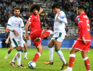 La Plata, Argentina.- In the photos taken on May 25, 2023, during the match between Tunisia and Iraq for the second date of Group E at the Ciudad de La Plata "Diego Armando Maradona" stadium. Tunisia beat Iraq 3-0 with goals from Youssef Snana, Chaim El Djebali and Mahmoud Ghorbel, from a penalty kick, all in the second half. With this result, Tunisia now has three units, while Iraq has no points and is eliminated.