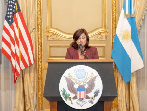 Buenos Aires, Argentina.- In the photos taken on May 8, 2023, the Minister of Labor, Raquel Olmos (photo), together with the United States Ambassador to Argentina, Marc Stanley, hosts a meeting at the United States Embassy in Argentina, in the field of the Argentina-United States Labor Dialogue that both countries will carry out within the framework of MPower, an initiative that reaffirms the shared perspective on the importance of the rights of workers in the framework of the celebrations for the 200 years of friendship between both countries.