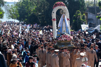 Corrientes, Argentina.- In the photos taken on July 16, 2023, the nautical procession was carried out along the Paraná River, which includes the meeting of the images of the virgins of Itatí with that of Caacupé, from Paraguay, in the frame of the 123rd anniversary of the pontifical coronation of the Virgin of Itatí. More than 300,000 people participated in the event with the motto “With María de Itatí, we learn to listen, discern and mission”. Itatí comes from the Guarani words "itá morotí", which means "stone tip" and its abbreviation gives rise to the name.