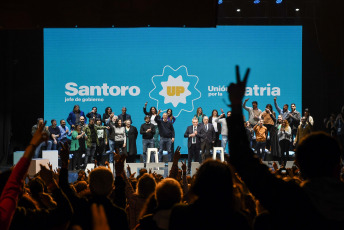 Buenos Aires, Argentina.- In the photos taken on August 8, 2023, the Minister of Economy, Sergio Massa, accompanied the candidate for the Headquarters of Government of the city of Buenos Aires, Leandro Santoro, in his campaign closing ceremony in the Gran Rex theater. Four days after the PASO, Leandro Santoro, candidate for the Union for the Homeland, closed his campaign. In a speech, he assured that within his space "we are not fighting only against a political party, but against a power bloc and against a system that for 16 years has been articulated to use the State for its own benefit."