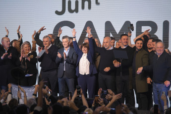 Buenos Aires, Argentina.- In the photos taken on August 13, 2023, the presidential candidate of Together for Change (JxC) Patricia Bullrich (center) after having won the internal coalition. The former Argentine Security Minister, who won the internship of the opposition coalition Juntos por el Cambio (center-right) for the presidential elections on October 22, said this Sunday that "a step" has been taken for change amid the anguish felt by Argentina.