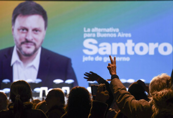 Buenos Aires, Argentina.- In the photos taken on August 8, 2023, the Minister of Economy, Sergio Massa, accompanied the candidate for the Headquarters of Government of the city of Buenos Aires, Leandro Santoro, in his campaign closing ceremony in the Gran Rex theater. Four days after the PASO, Leandro Santoro, candidate for the Union for the Homeland, closed his campaign. In a speech, he assured that within his space "we are not fighting only against a political party, but against a power bloc and against a system that for 16 years has been articulated to use the State for its own benefit."