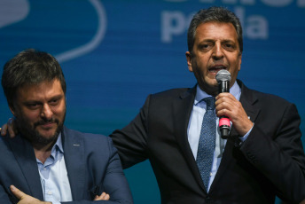 Buenos Aires, Argentina.- In the photos taken on August 8, 2023, the Minister of Economy, Sergio Massa (right), accompanied the candidate for the Headquarters of Government of the city of Buenos Aires, Leandro Santoro (left), in his campaign closing ceremony in the Gran Rex theater. Four days after the PASO, Leandro Santoro, candidate for the Union for the Homeland, closed his campaign. In a speech, he assured that within his space "we are not fighting only against a political party, but against a power bloc and against a system that for 16 years has been articulated to use the State for its own benefit."