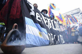 Buenos Aires, Argentina.- In the photos taken on August 23, 2023, the Third Malón de la Paz carried out a mobilization in downtown Buenos Aires and an act in front of Congress. Almost two months after the start of the protests in Jujuy against the constitutional reform -promoted by Governor Gerardo Morales-, human rights organizations made an urgent appeal to the UN for the criminalization of the protesters and the arrest of the lawyer Alberto Nallar, the a magistrate from Jujuy who has been in pretrial detention at home since June 12 when he was arrested as part of the pickets in the province.