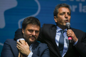 Buenos Aires, Argentina.- In the photos taken on August 8, 2023, the Minister of Economy, Sergio Massa (right), accompanied the candidate for the Headquarters of Government of the city of Buenos Aires, Leandro Santoro (left), in his campaign closing ceremony in the Gran Rex theater. Four days after the PASO, Leandro Santoro, candidate for the Union for the Homeland, closed his campaign. In a speech, he assured that within his space "we are not fighting only against a political party, but against a power bloc and against a system that for 16 years has been articulated to use the State for its own benefit."