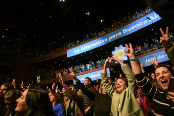 Buenos Aires, Argentina.- In the photos taken on August 8, 2023, the Minister of Economy, Sergio Massa, accompanied the candidate for the Headquarters of Government of the city of Buenos Aires, Leandro Santoro, in his campaign closing ceremony in the Gran Rex theater. Four days after the PASO, Leandro Santoro, candidate for the Union for the Homeland, closed his campaign. In a speech, he assured that within his space "we are not fighting only against a political party, but against a power bloc and against a system that for 16 years has been articulated to use the State for its own benefit."