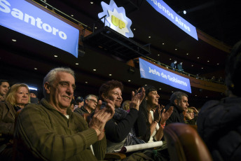 Buenos Aires, Argentina.- In the photos taken on August 8, 2023, the Minister of Economy, Sergio Massa, accompanied the candidate for the Headquarters of Government of the city of Buenos Aires, Leandro Santoro, in his campaign closing ceremony in the Gran Rex theater. Four days after the PASO, Leandro Santoro, candidate for the Union for the Homeland, closed his campaign. In a speech, he assured that within his space "we are not fighting only against a political party, but against a power bloc and against a system that for 16 years has been articulated to use the State for its own benefit."