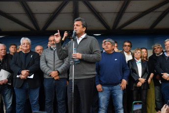 Buenos Aires, Argentina.- In the photos taken on September 11, 2023, the Minister of Economy, Sergio Massa (center), announced in Plaza de Mayo before a crowd of workers that starting next October 1 the new floor of the Tax on Profits will rise to 1,770,000 pesos per month, which will reduce their impact on salaries and pensions, all with semiannual adjustments.