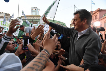 Buenos Aires, Argentina.- In the photos taken on September 11, 2023, the Minister of Economy, Sergio Massa (right), announced in Plaza de Mayo before a crowd of workers that starting next October 1 the new floor of the Tax on Profits will rise to 1,770,000 pesos per month, which will reduce their impact on salaries and pensions, all with semiannual adjustments.