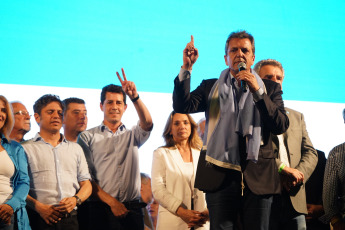 Buenos Aires, Argentina.- In the photos taken on October 22, 2023, the presidential candidate of Unión por la Patria (UxP), Sergio Massa (right), gave the first statements in his bunker after going to the runoff in this year's elections. Sunday. Massa was the candidate with the most votes in the elections and, after learning the result, he has committed to forming a unity government if he wins the second round of the elections on November 19.