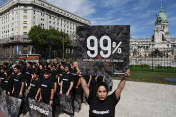 Buenos Aires, Argentina.- En las fotos tomadas el 10 de octubre del 2023, la organización ambientalista internacional Greenpeace realizó una actividad en la Plaza del Congreso en la cual desplegó paneles que denuncian que los desmontes en la Argentina aumentaron un 21% con respecto al mismo período del año pasado. La organización no gubernamental (ONG), volvió a convocar a la ciudadanía a votar sobre la penalización de los desmontes ilegales y participar de la Consulta Popular.