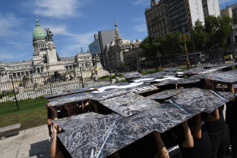 Buenos Aires, Argentina.- In the photos taken on October 10, 2023, the international environmental organization Greenpeace carried out an activity in the Plaza del Congreso in which it displayed panels denouncing that clearings in Argentina increased by 21% compared to the previous year. same period last year. The non-governmental organization (NGO) once again called on citizens to vote on the penalization of illegal clearings and participate in the Popular Consultation.