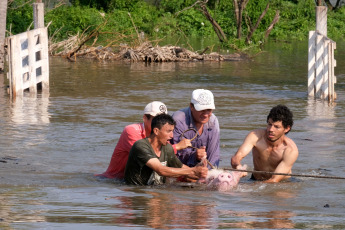 Corrientes, Argentina.- In the photos taken on November 8, 2023, Corrientes registers more than a thousand evacuees and a large number of self-evacuated families in riverside towns due to the rising of the Paraná and Uruguay rivers, reported the Defense Directorate of Civil Defense of the province, although they announced that the start of the downspout is expected, which would begin in 48 or 72 hours. The head of Civil Defense Operations, Orlando Bertoni, confirmed that those affected would exceed 1,200 people, including evacuees and self-evacuees.