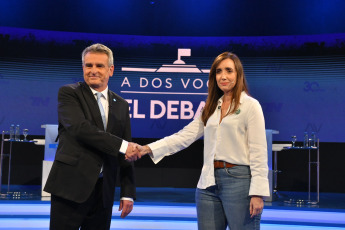 Buenos Aires, Argentina.- In the photos taken on November 8, 2023, the candidate for vice president of Unión por la Patria, Agustín Rossi (left), from Unión por la Patria (UxP) and Victoria Villarruel (right), from La Libertad Avanza (LLA), They participated in their second televised debate to exchange ideas on their respective parties' key platforms.