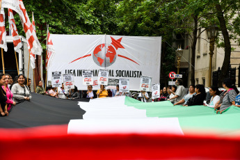 Buenos Aires, Argentina.- In the photos taken on November 29, 2023, Argentines participate in a flag-waving in support of Palestine at the Chancellery of Buenos Aires, to make visible what is happening in the Gaza Strip and also commemorate the International Day of Solidarity with the People of Palestine.