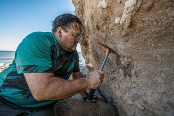 Mar del Plata, Argentina.- In the photos taken on December 13, 2023, paleontologist Matías Taglioretti, from Natural Sciences, investigates the place where a young man and his father found fossil remains belonging to a Toxodon in the ravines of the north of the city of Mar del Plata. The Toxodon is a native South American animal similar in appearance to hippopotamuses and could measure about 3.5 meters long and 1.60 meters high, reported the Natural Sciences Museum of this Buenos Aires city.